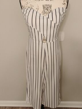 White & Black Vertical Stripe Strapless Jumpsuit